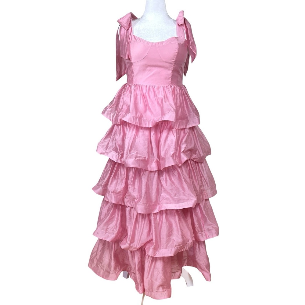 NEW & Other Stories Ruffle Maxi Dress Size 10 Pink Voile Tiers Corset Bodice - Picture 2 of 9